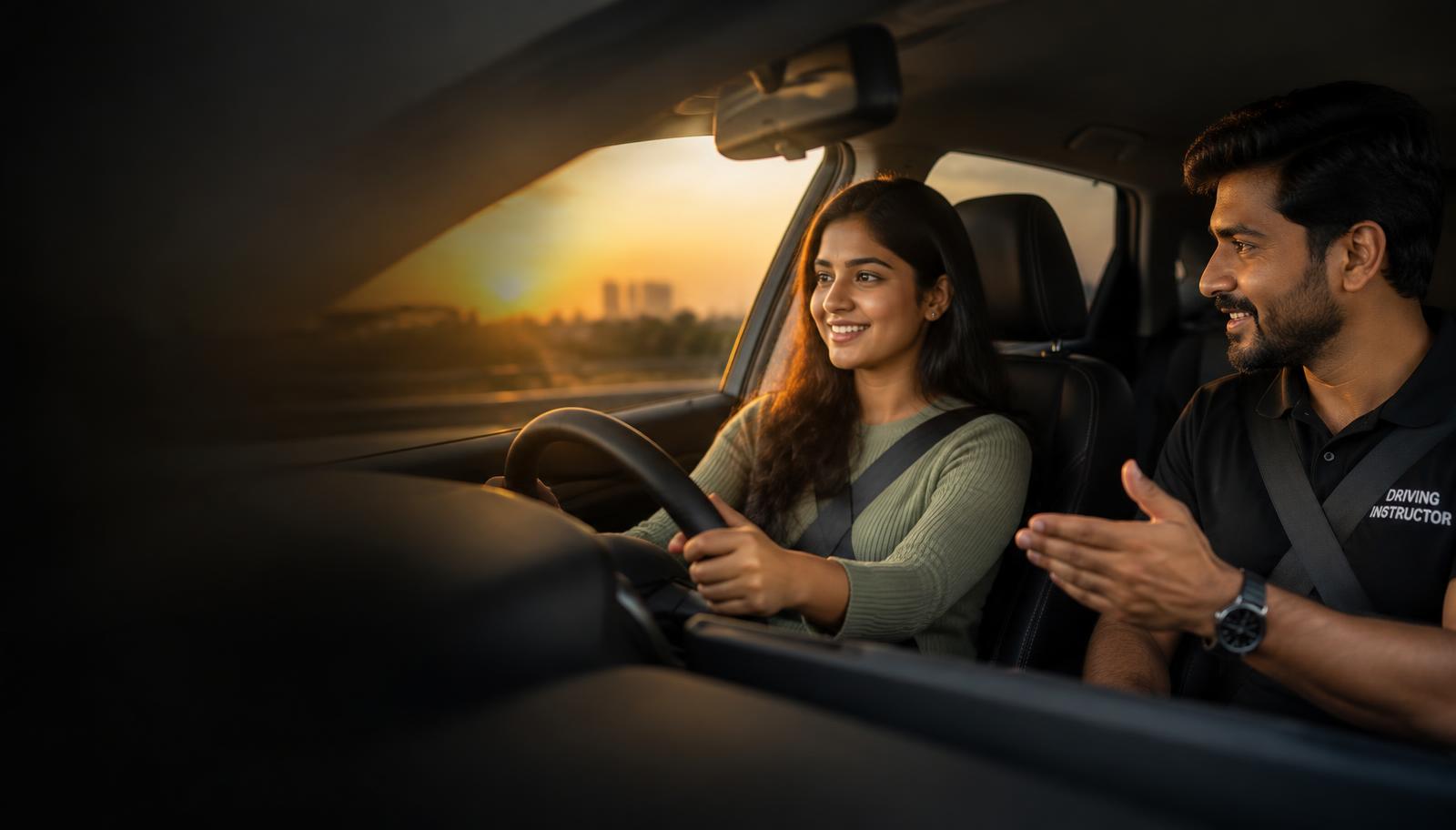 Learner driver at the wheel with an iRide instructor seated beside her